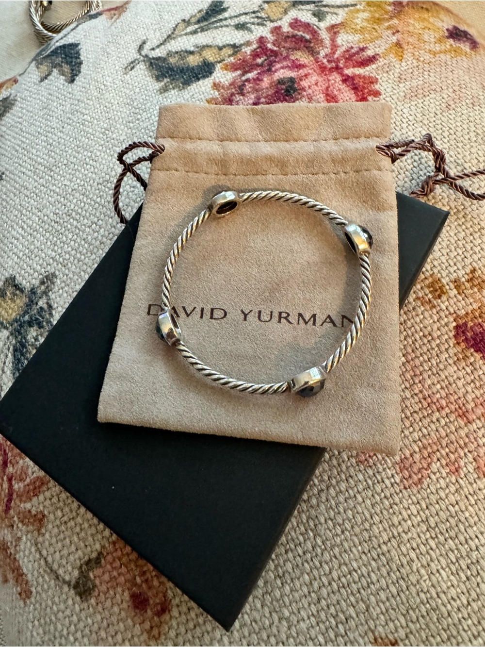 David Yurman Silver Cable Bangle Bracelet with 4 Hematite Stations